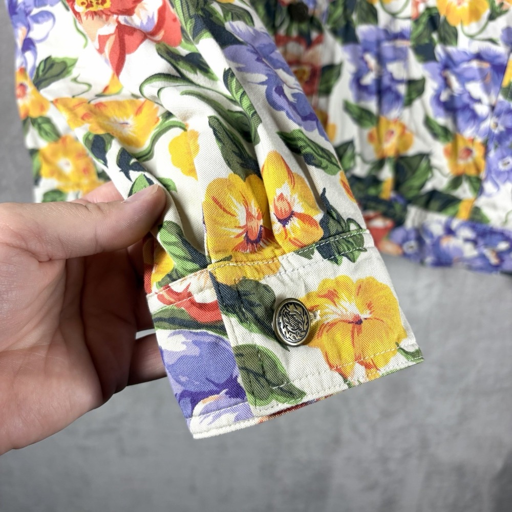 Vintage Floral Short Denim Jacket Size L Retro 90s Colorful Whimsical Garden - Picture 2 of 8